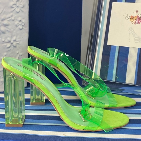 Fashion nova neon green clear transparent ankle strap square heel sandals Sz 10 - Picture 9 of 16